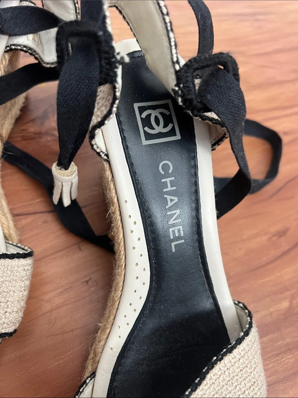 CHANEL Cream and Black Espadrille Sandals with Ankle Ties